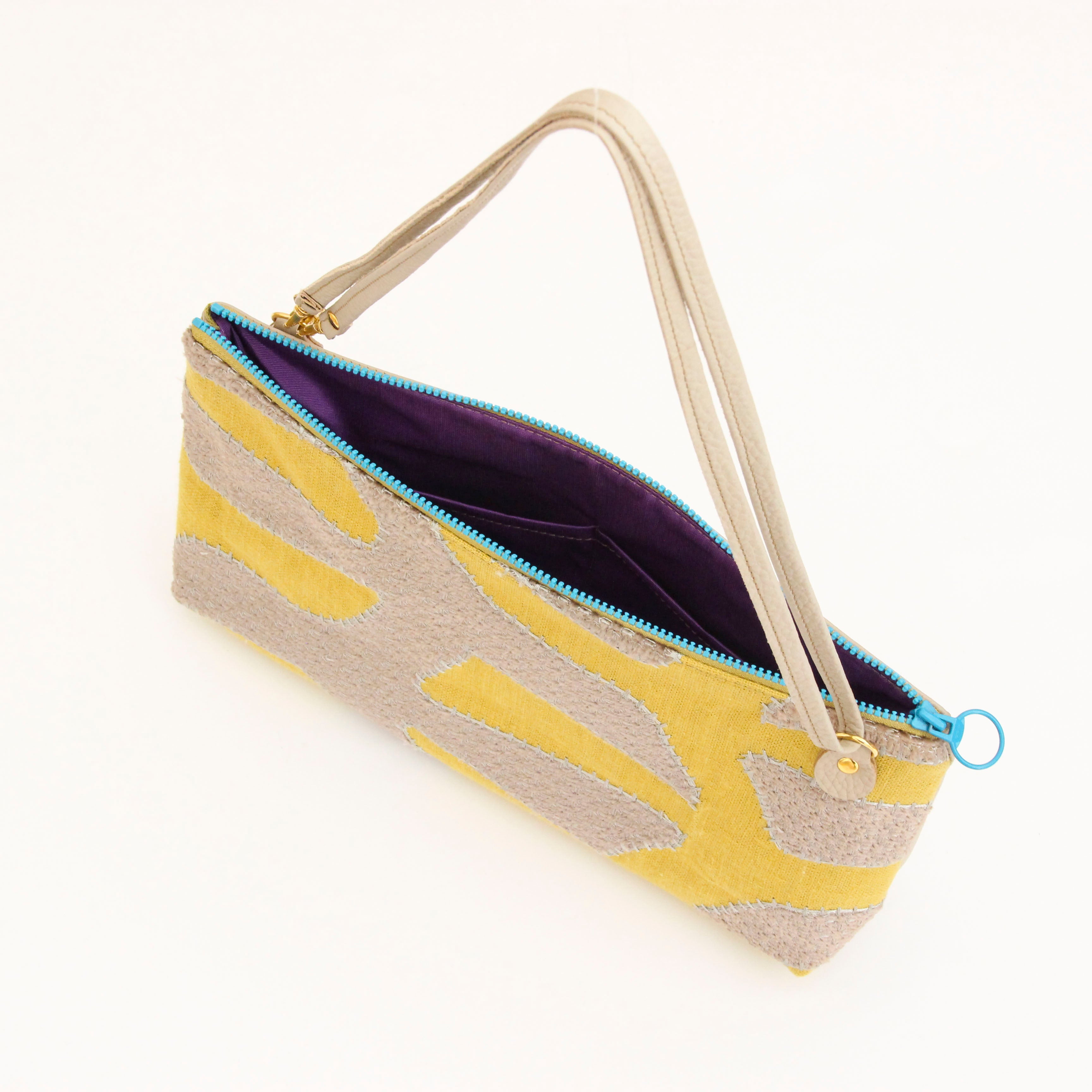 ベルベットアップリケイエロー×ベージュ / フラットポシェット LXL