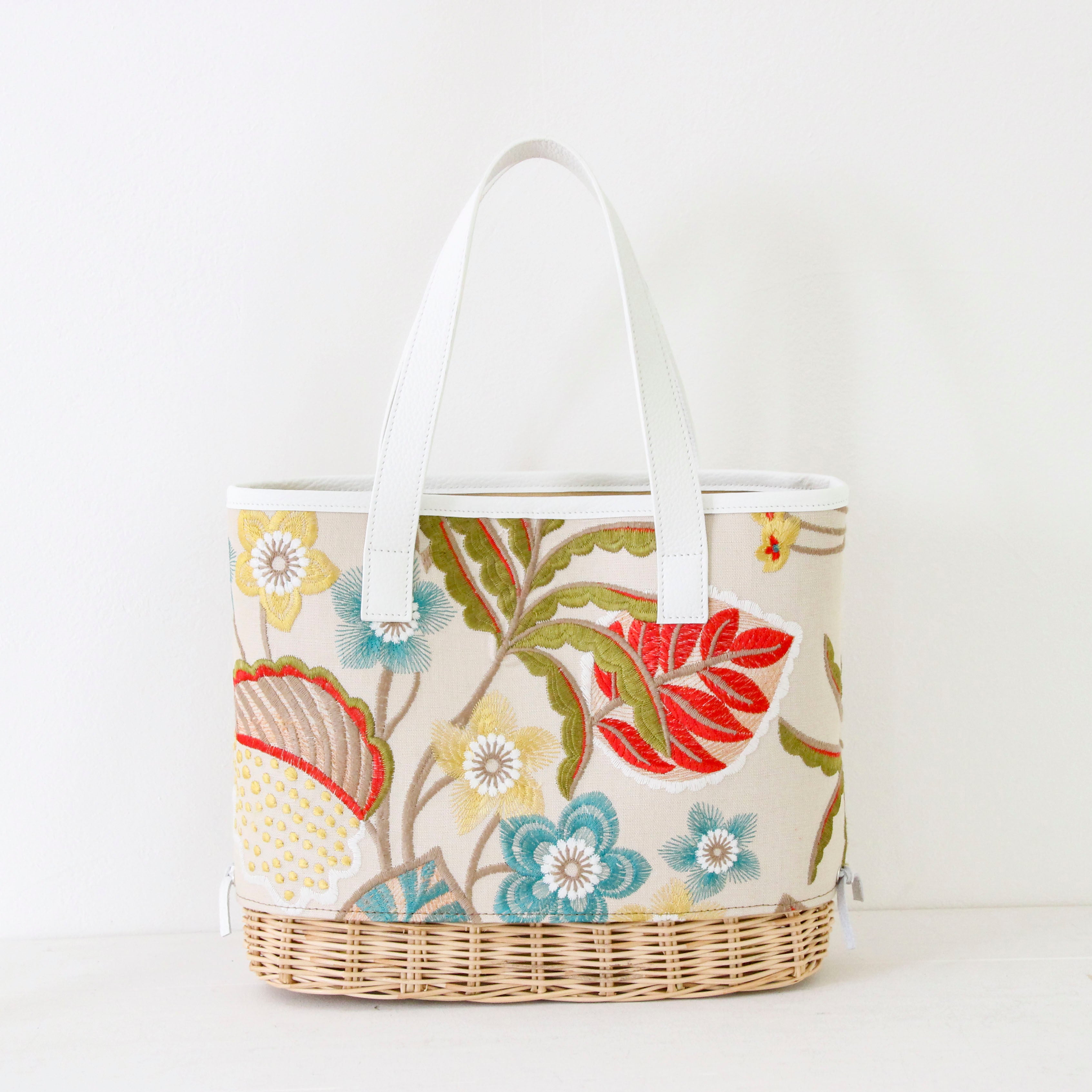トロピカルフラワー刺繍リネンブライトXL / かごトート