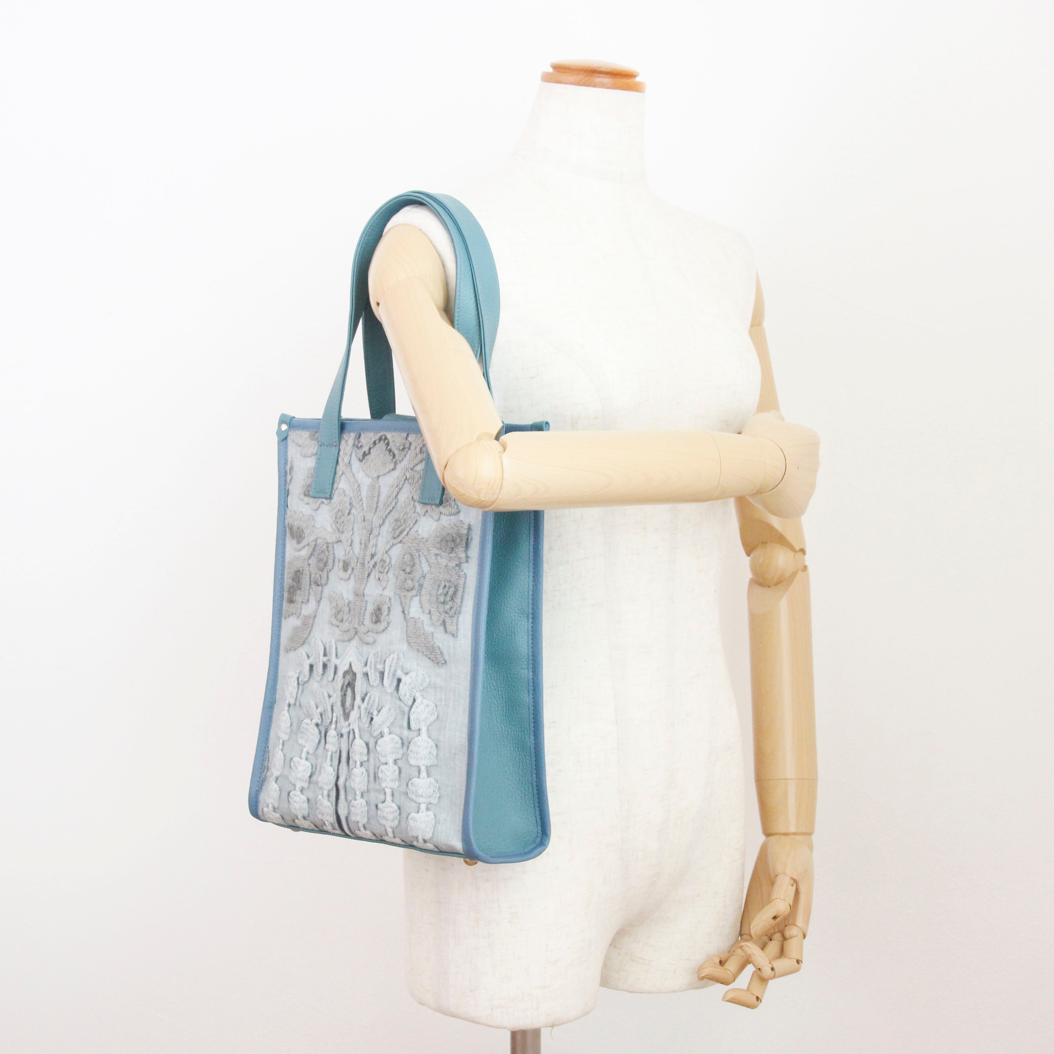 ウール刺繍フェイテッドジーンズ×ブルーグレー SXL / バーティカルトート トールM