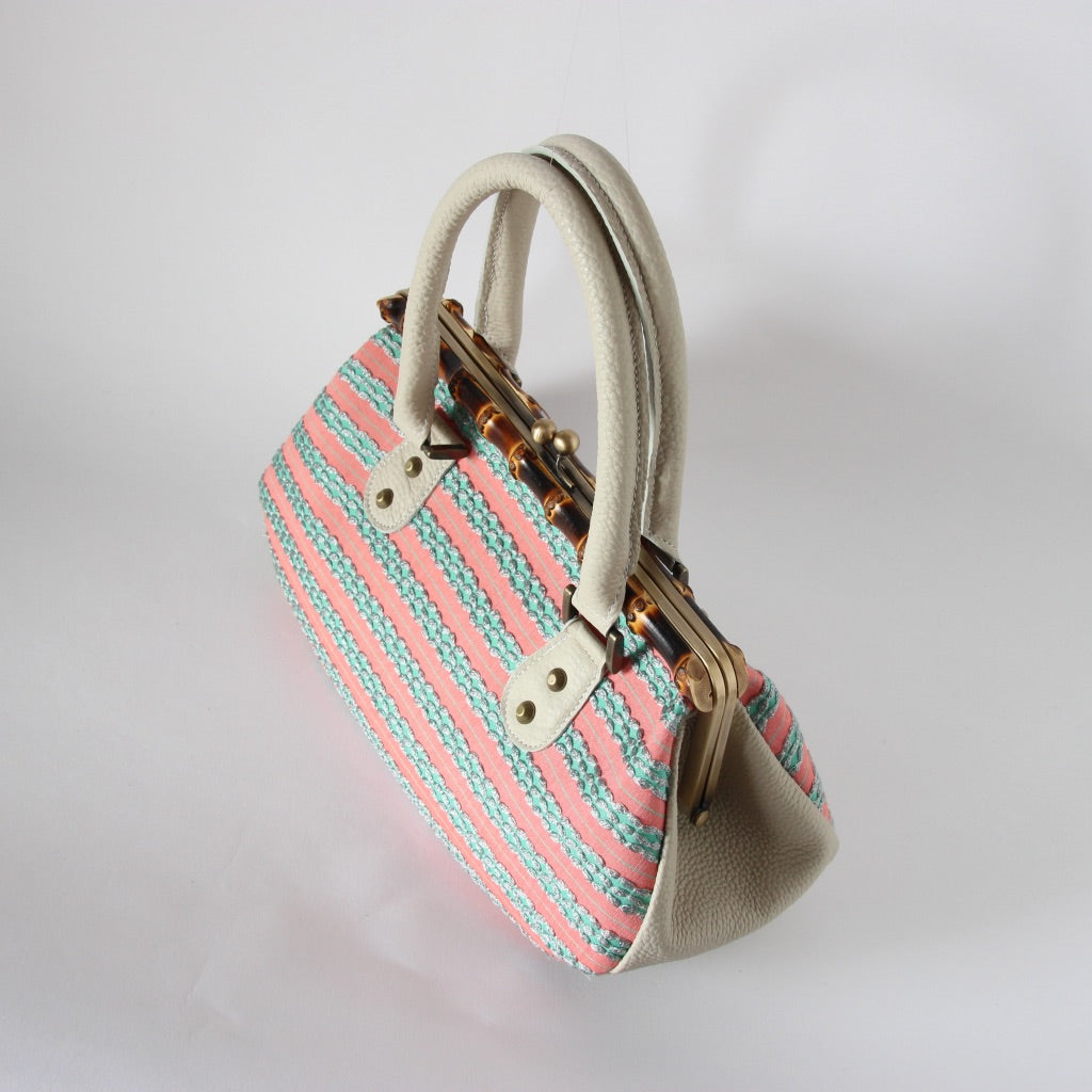 サーモンピンクＸエメラルドボーダー / バンブーがま口S