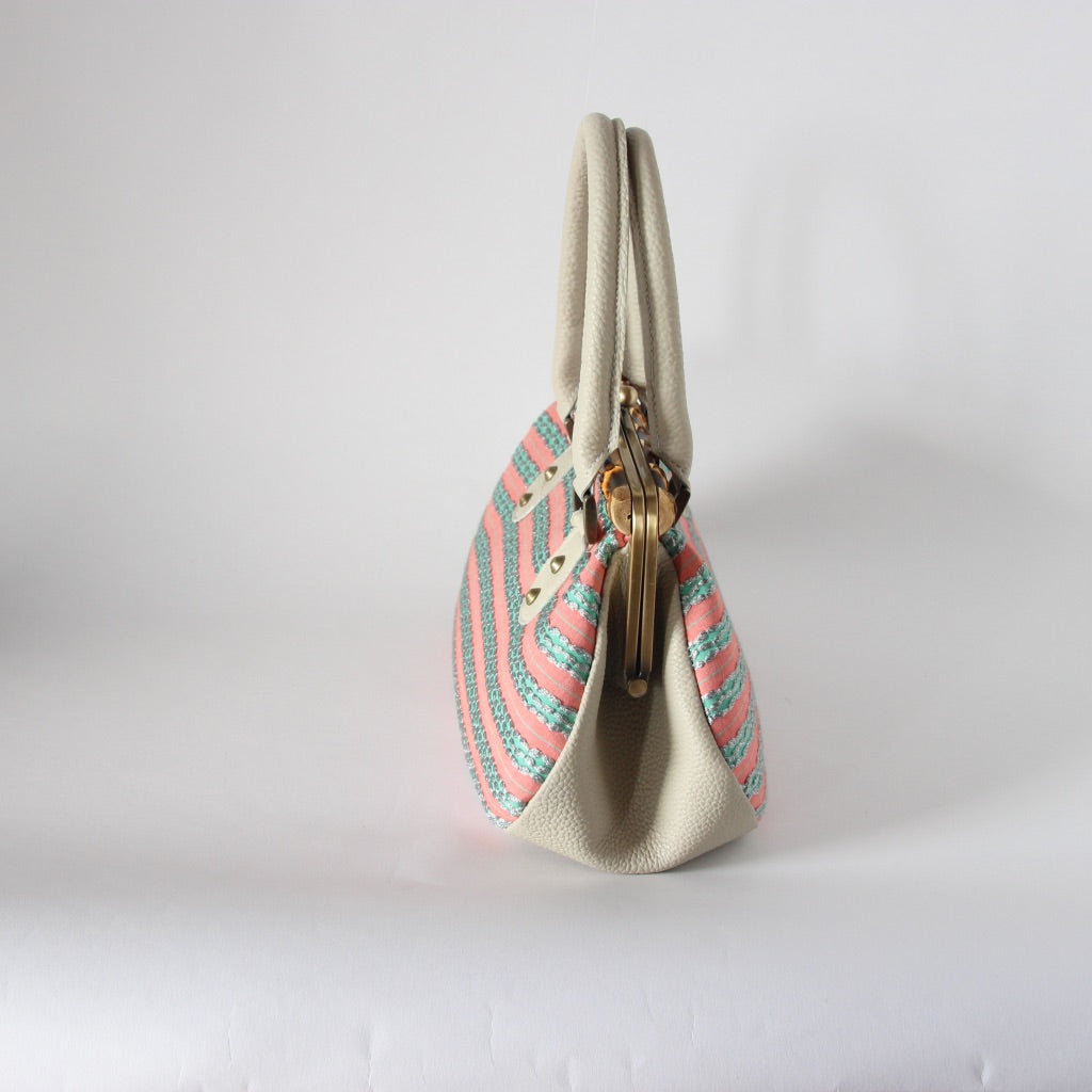 サーモンピンクＸエメラルドボーダー / バンブーがま口S