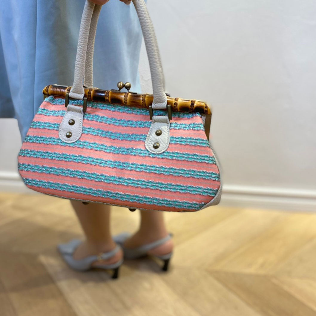 サーモンピンクＸエメラルドボーダー / バンブーがま口S