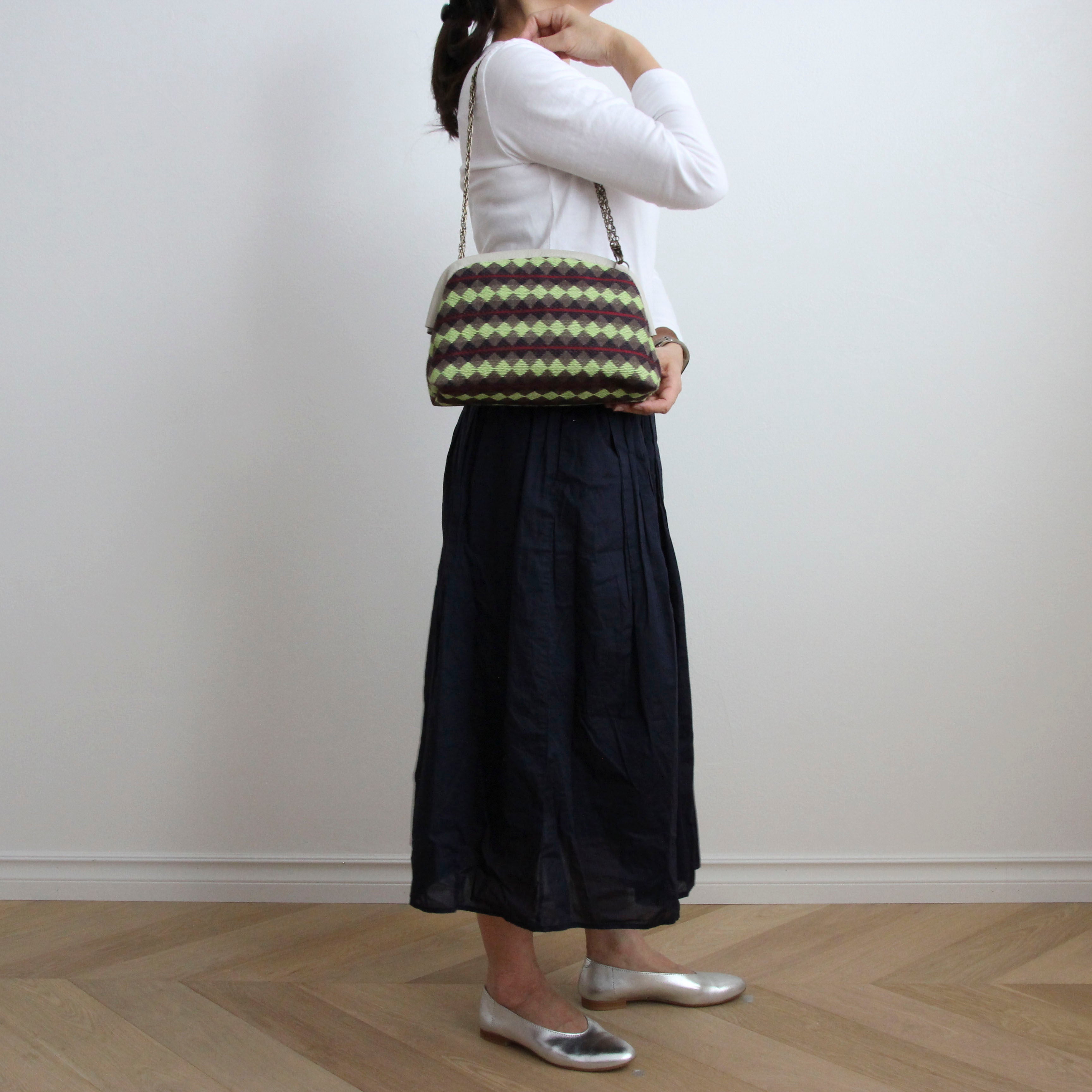 ブラウングリーンアーガイルボーダー / 口金ショルダーポーチM