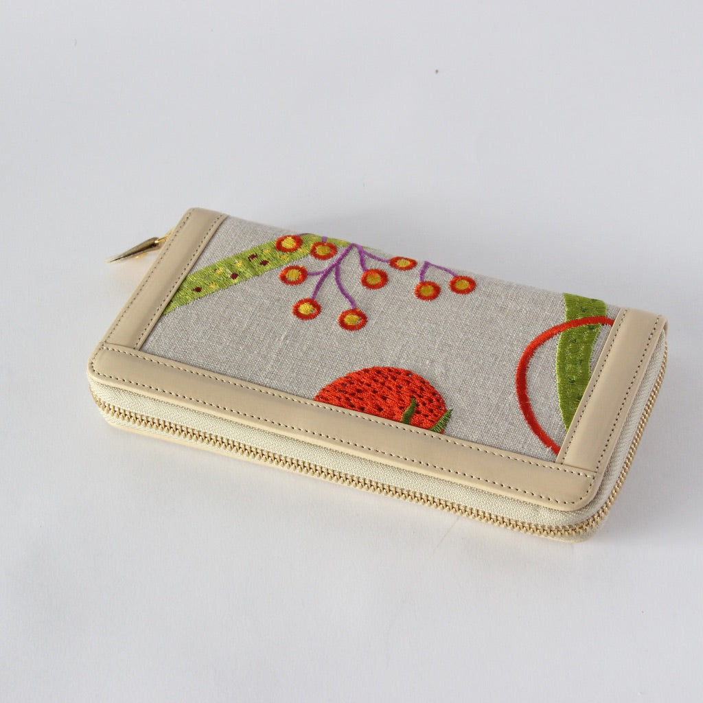 カラフル刺しゅうフルーツリネン / お財布ベージュ